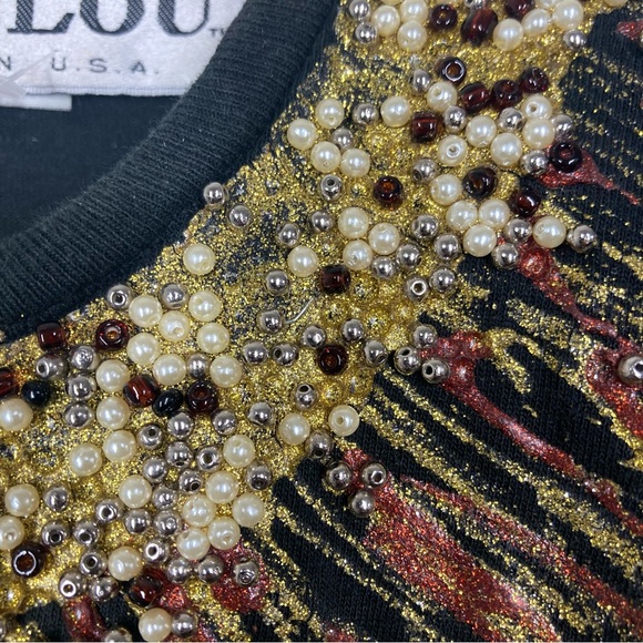 Vintage Loulou 80s Beaded Hand Painted Top Black Gold Crew Neck Short Sleeves - Picture 6 of 14